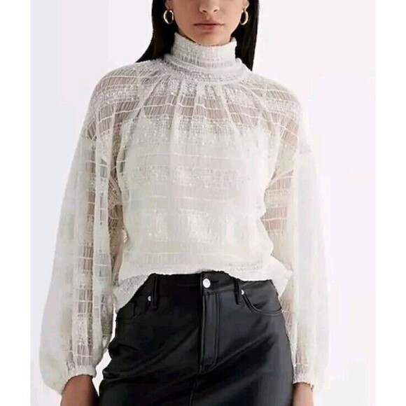 Express Blouse Womens M Cream Sheer Skimming Mesh Mock Neck Balloon Sleeve NWT - Picture 1 of 9
